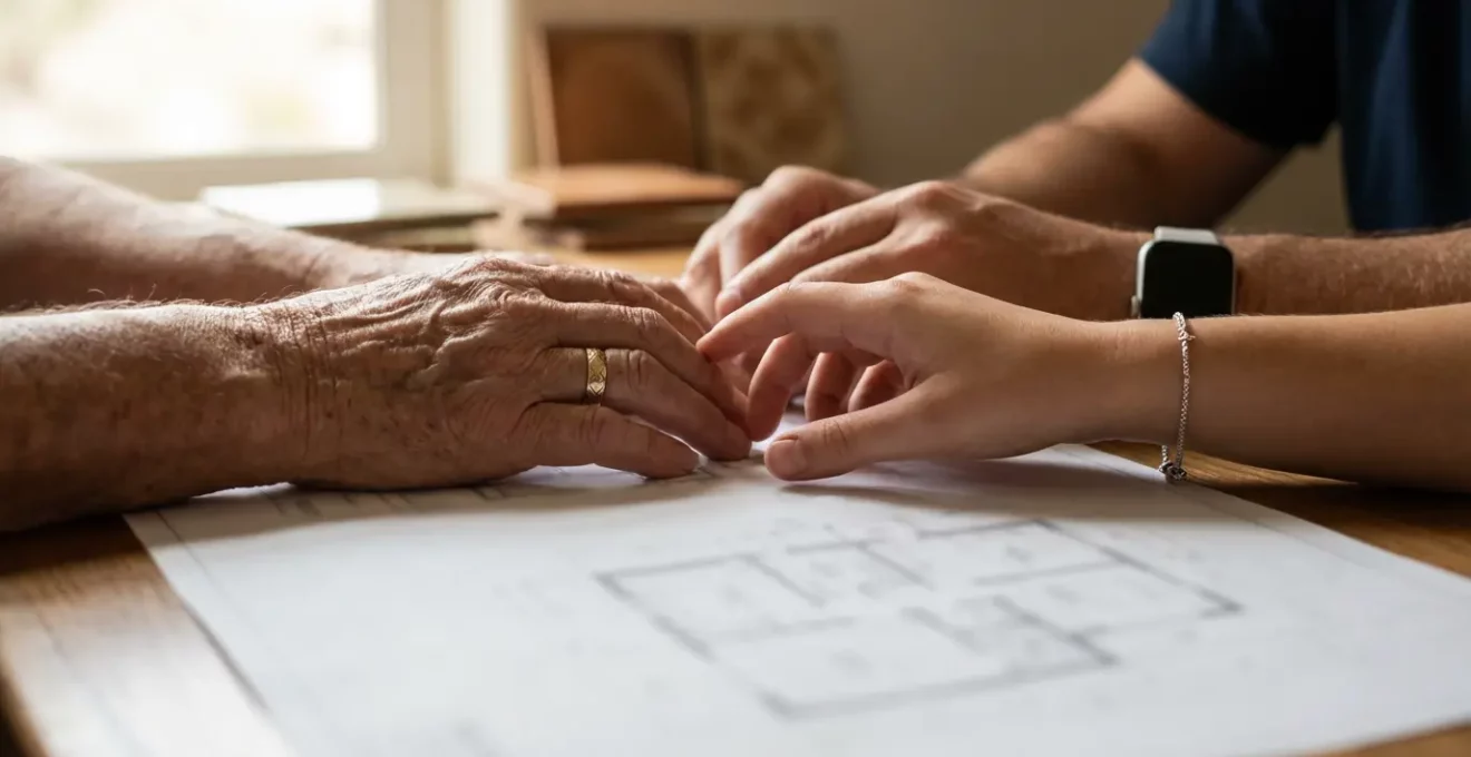 Manos de diferentes generaciones, una mayor con un anillo de boda y una más joven con un reloj moderno, trabajando juntas sobre unos planos.