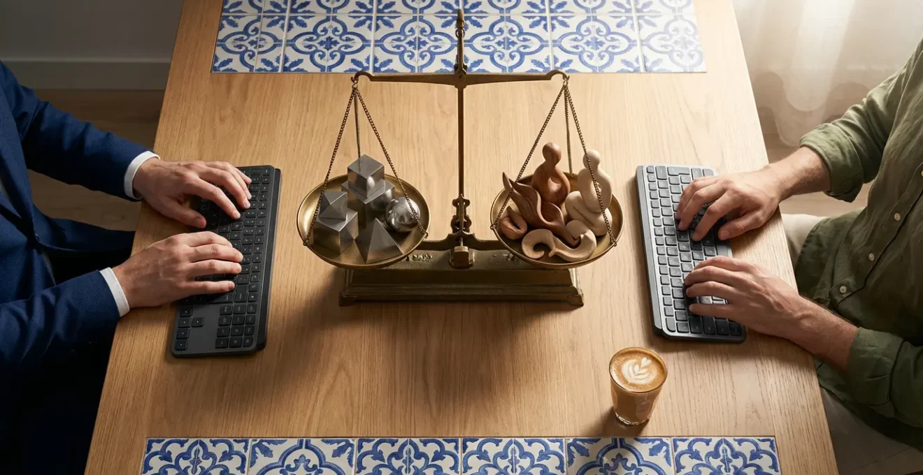 Profesional escribiendo mensaje equilibrado entre cercanía y profesionalidad en espacio de trabajo español