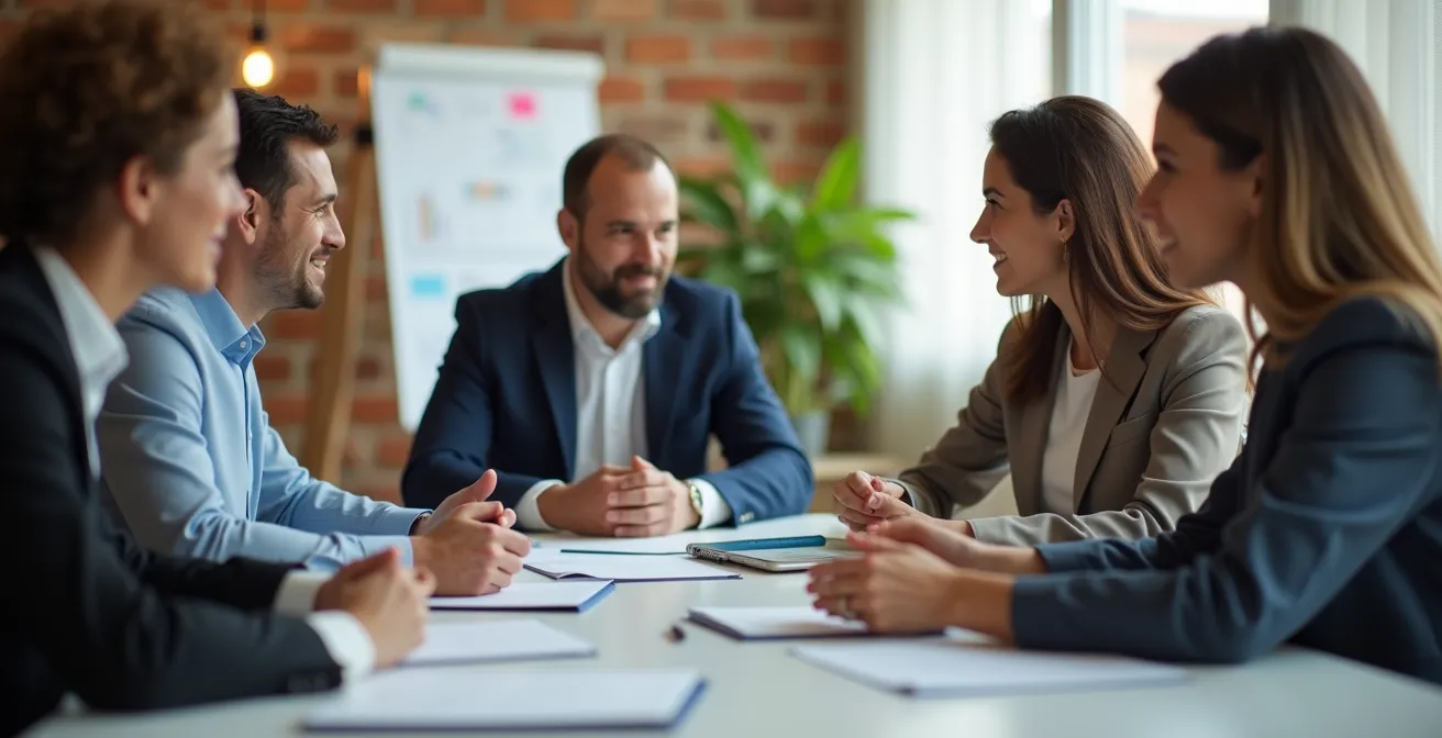Equipo de empresa colaborando con consultor en sesión de trabajo