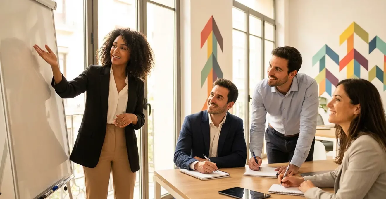 Profesionales en oficina moderna participando en formación empresarial con elementos visuales de crecimiento