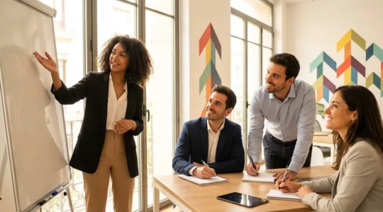 Profesionales en oficina moderna participando en formación empresarial con elementos visuales de crecimiento