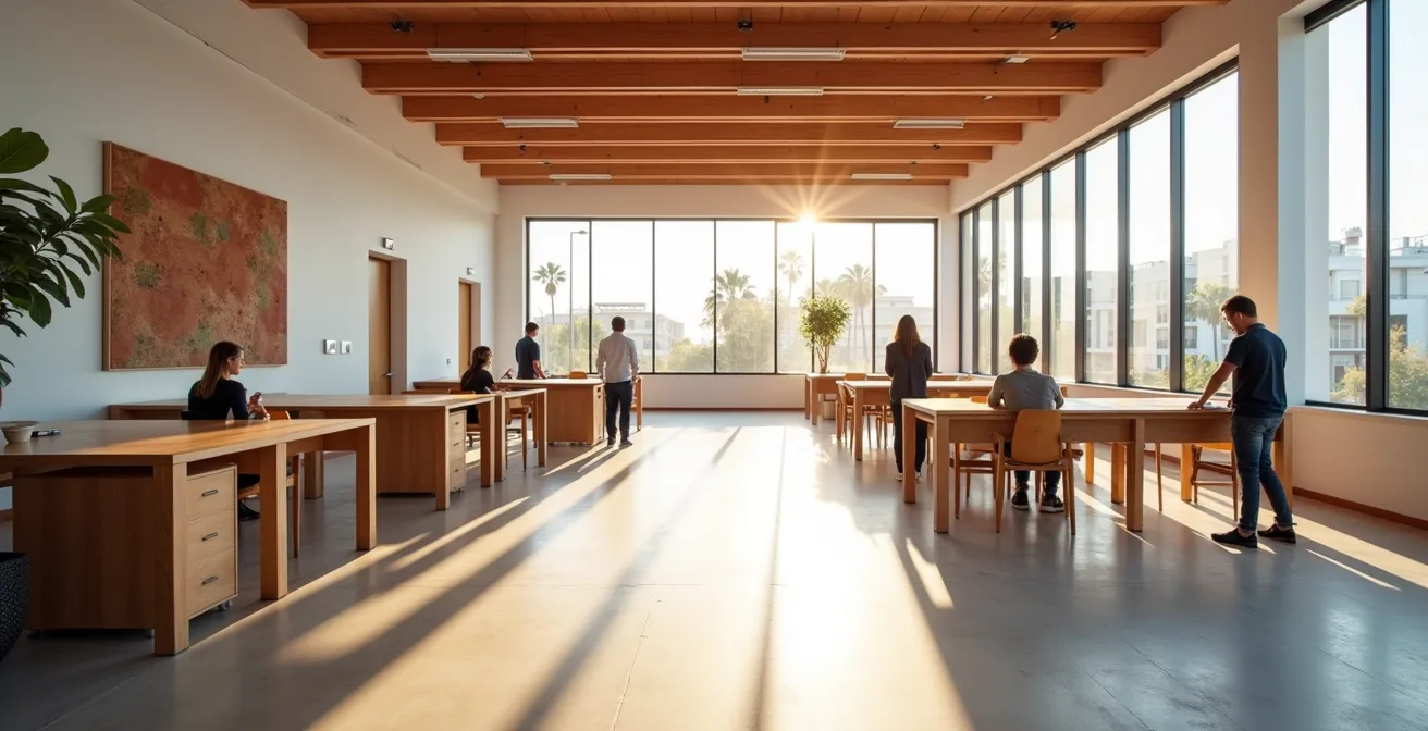 Espacio de trabajo colaborativo moderno con ambiente minimalista mediterráneo