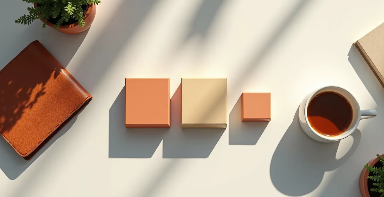 Vista cenital de productos agrupados en paquetes sobre mesa de trabajo española