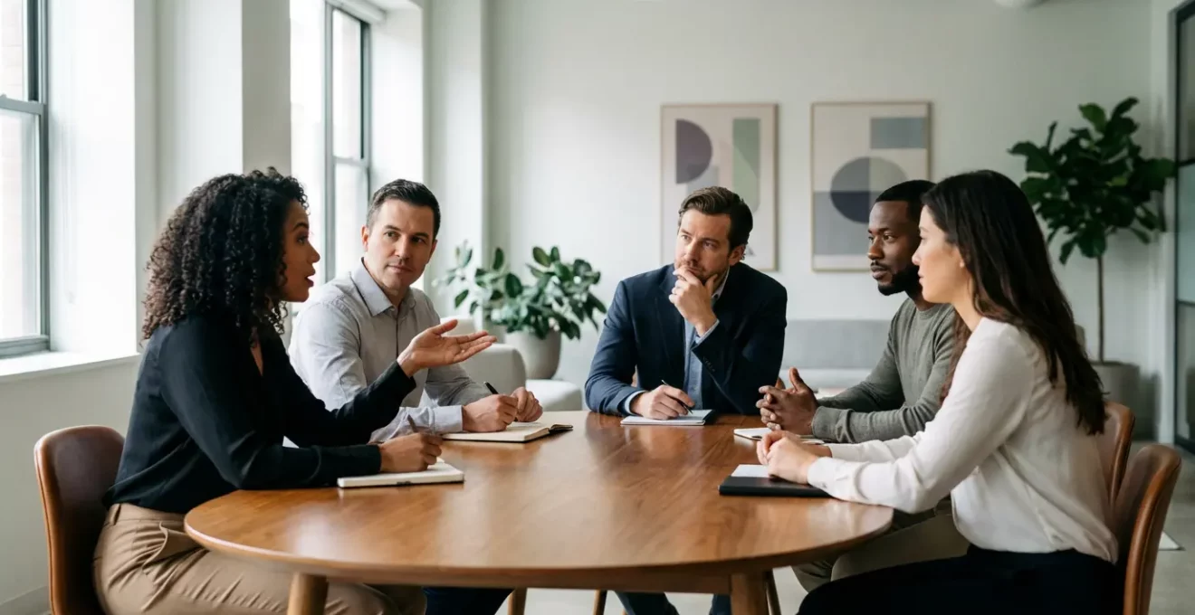 Profesionales en mesa de reunión colaborativa analizando estrategias de formación empresarial