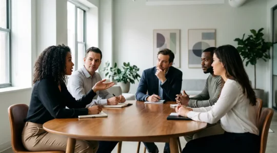 Profesionales en mesa de reunión colaborativa analizando estrategias de formación empresarial