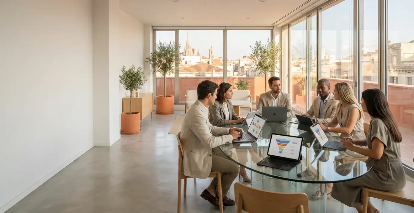 Proceso educativo de lead nurturing con profesionales analizando datos de marketing digital