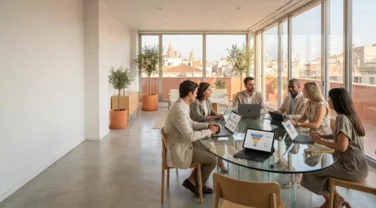 Proceso educativo de lead nurturing con profesionales analizando datos de marketing digital