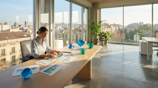 Profesional analizando métricas de campañas SEM en pantalla con gráficos de rendimiento SEO y PPC