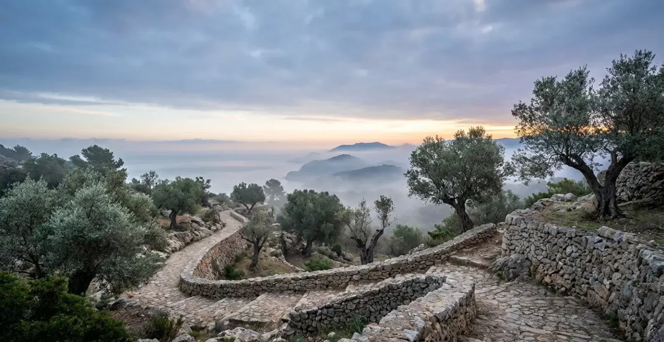 Evolución temporal del posicionamiento SEO en España representada por un camino sinuoso en la costa al amanecer, simbolizando el esfuerzo a largo plazo.
