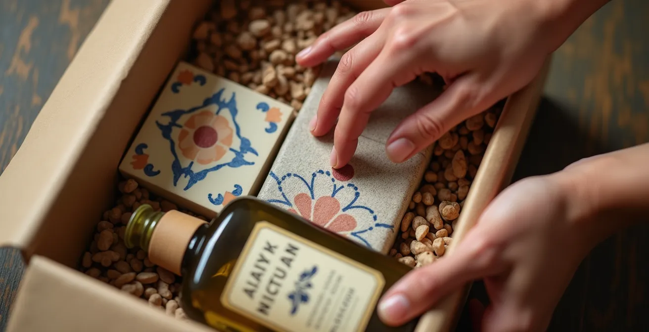 Momento de apertura de paquete con detalles locales españoles