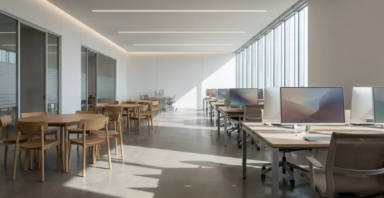 Espacio de formación híbrido con zona presencial y estaciones de trabajo individual