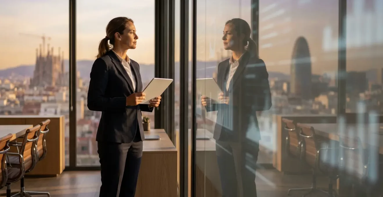 Gerente ejecutivo revisando métricas SEO con equipo de agencia en oficina moderna