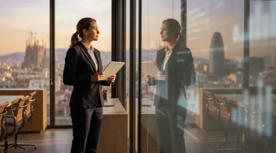 Gerente ejecutivo revisando métricas SEO con equipo de agencia en oficina moderna