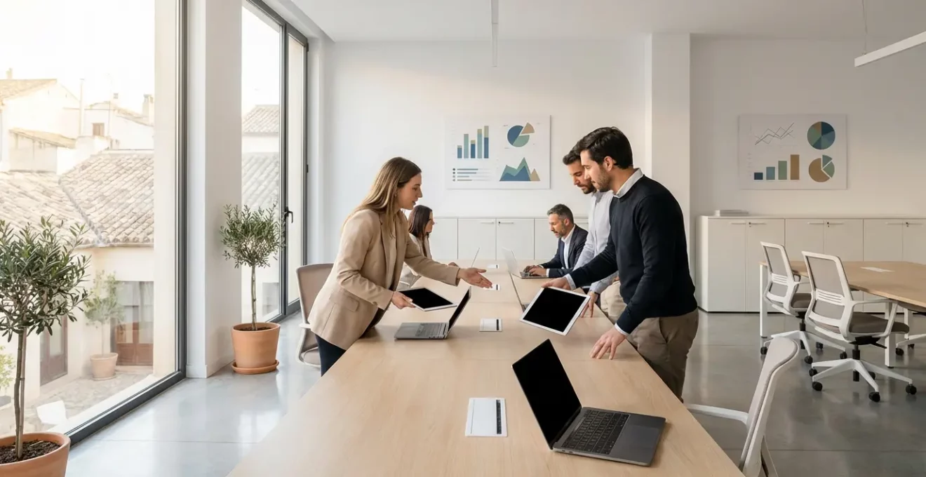 Profesionales de marketing analizando métricas digitales en oficina moderna