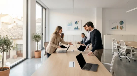 Profesionales de marketing analizando métricas digitales en oficina moderna