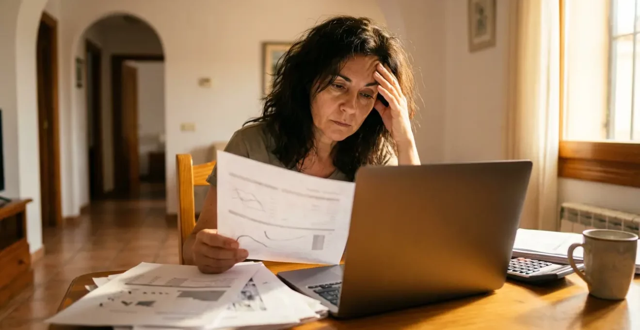 Emprendedor trabajando desde casa con documentos fiscales y calculadora sobre escritorio