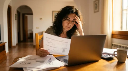 Emprendedor trabajando desde casa con documentos fiscales y calculadora sobre escritorio