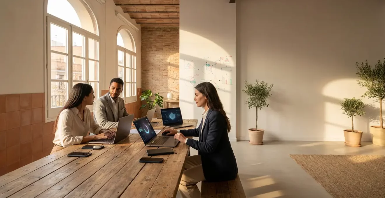 Oficina moderna de una pyme española con profesionales trabajando con herramientas digitales y pantallas mostrando métricas de marketing