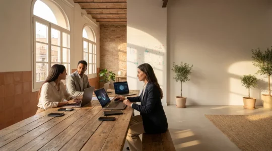 Oficina moderna de una pyme española con profesionales trabajando con herramientas digitales y pantallas mostrando métricas de marketing