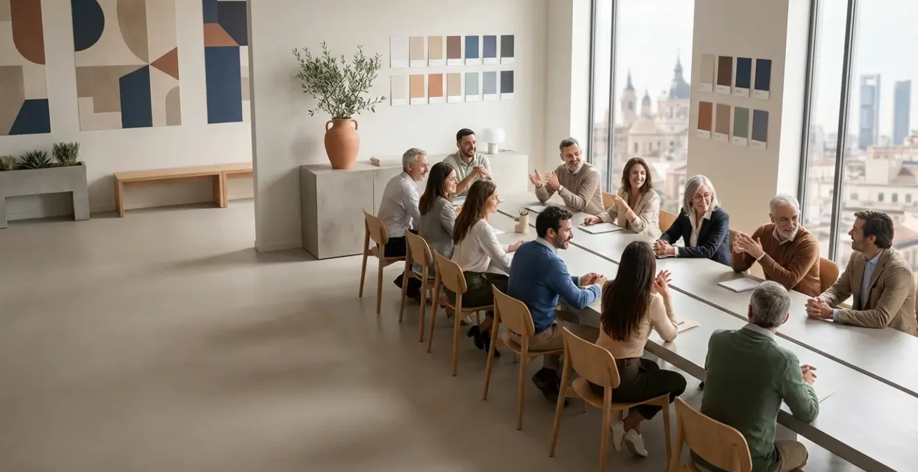 Profesionales diversos trabajando en un espacio moderno con elementos de diseño de marca visibles