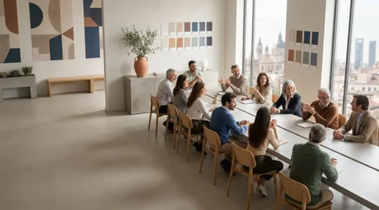 Profesionales diversos trabajando en un espacio moderno con elementos de diseño de marca visibles