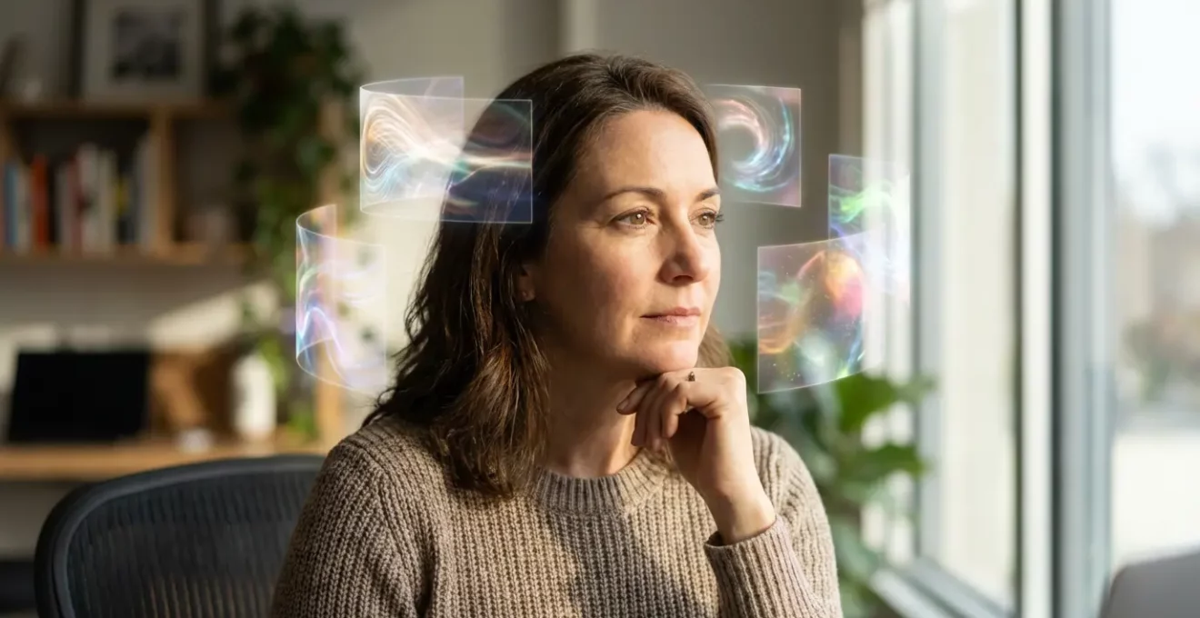 Persona analizando múltiples opciones en pantallas transparentes flotantes que simbolizan las diferentes intenciones de búsqueda del usuario.