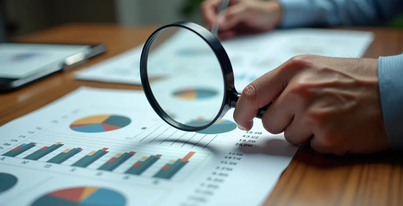 Vista macro de manos profesionales revisando gráficos financieros impresos con lupa sobre mesa de madera