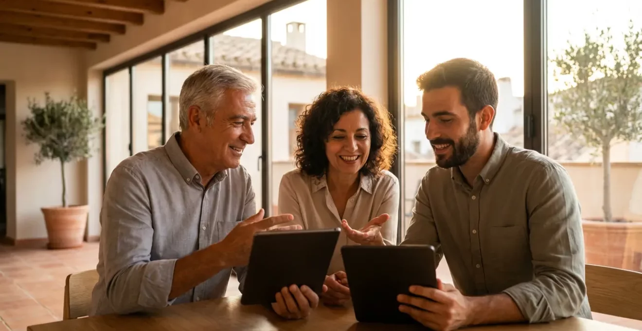 Empresarios españoles interactuando con tecnología digital en oficina moderna