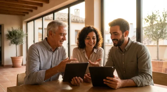 Empresarios españoles interactuando con tecnología digital en oficina moderna