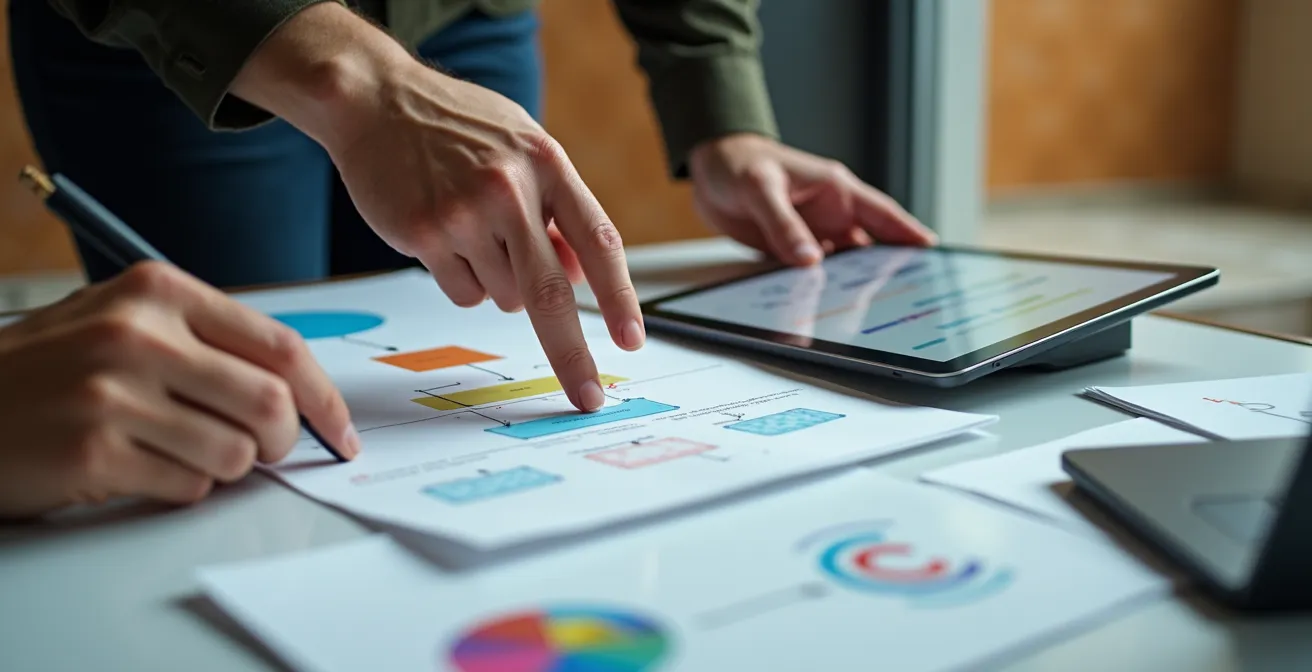 Formación práctica con manual de procesos donde mentor guía a empleado junior en oficina española