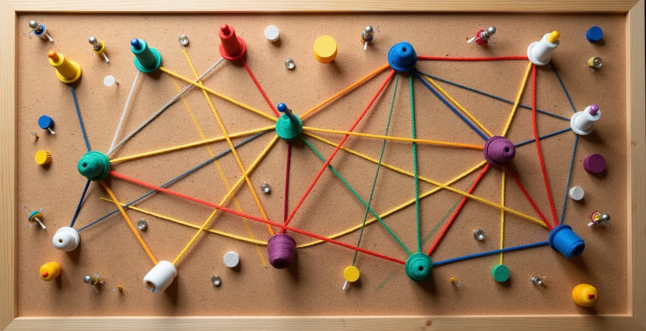Representación visual de un mapa de dependencias entre miembros del equipo con conexiones y flujos de trabajo