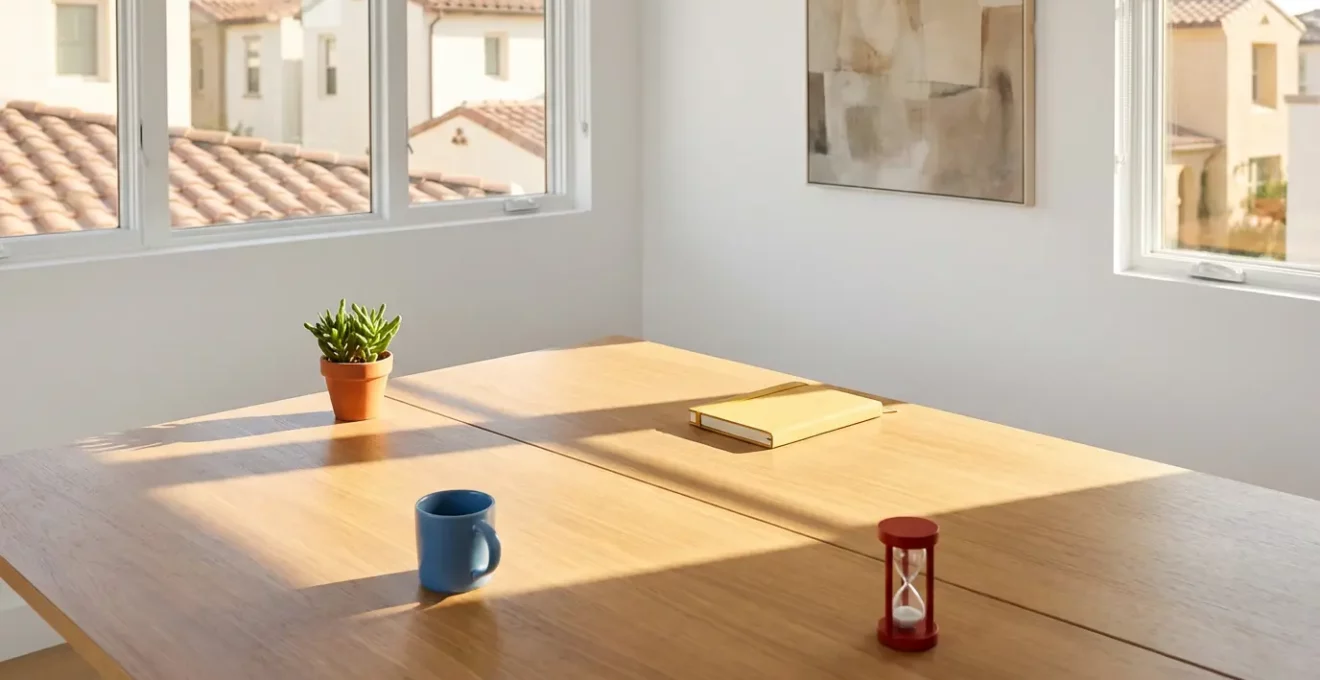 Espacio de trabajo minimalista con tablero de prioridades visualizado de forma abstracta