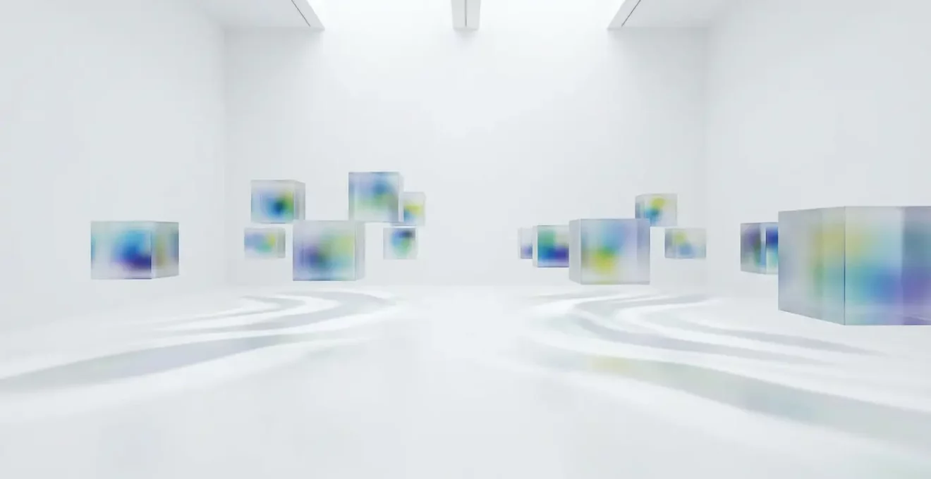 Espacio minimalista con elementos flotantes representando datos anónimos y medición de privacidad