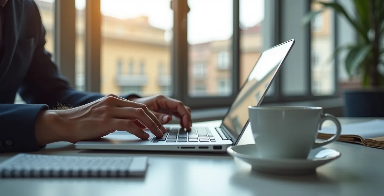 Profesional español redactando mensaje personalizado de LinkedIn en su oficina
