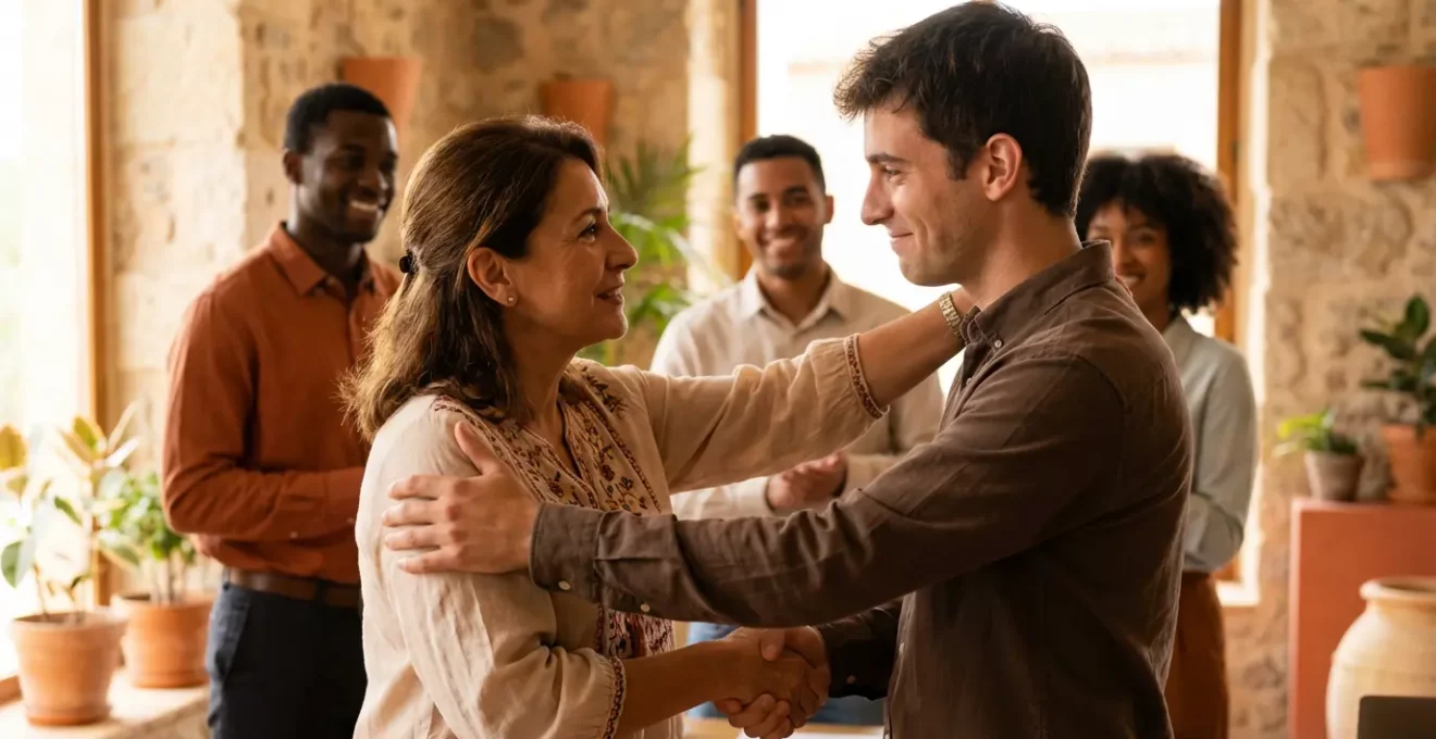 Nuevo empleado siendo recibido calurosamente por equipo diverso en oficina española
