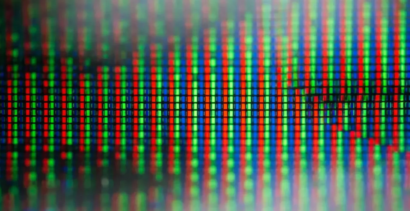 Detalle macro de píxeles y texturas digitales mostrando la compresión de una imagen a nivel microscópico.