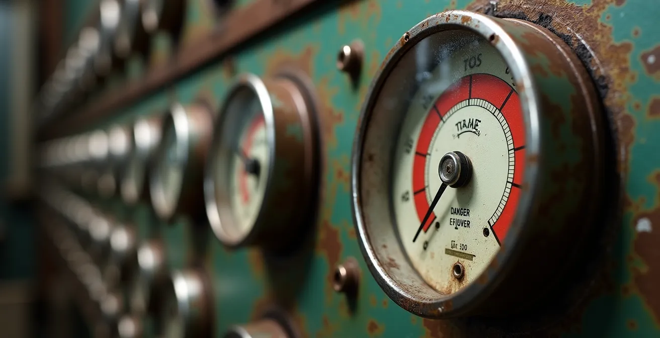 Vista macro de indicadores analógicos de presión y temperatura en un panel de control industrial