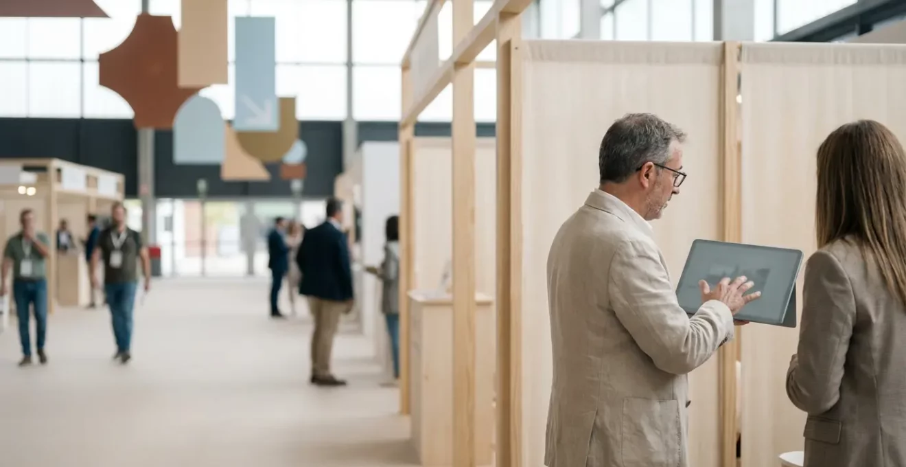 Empresario mostrando un render 3D de producto en tablet a cliente potencial en feria sectorial española