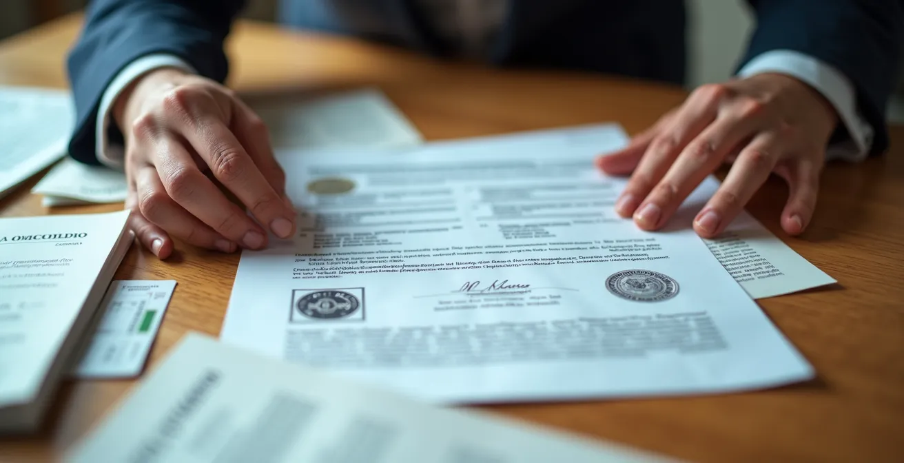 Manos organizando documentos oficiales españoles con sellos y certificados sobre mesa de madera