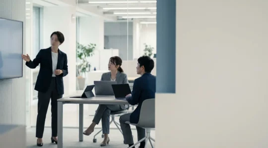 Ejecutivos en reunión de negocios moderna con dispositivos digitales y ambiente profesional