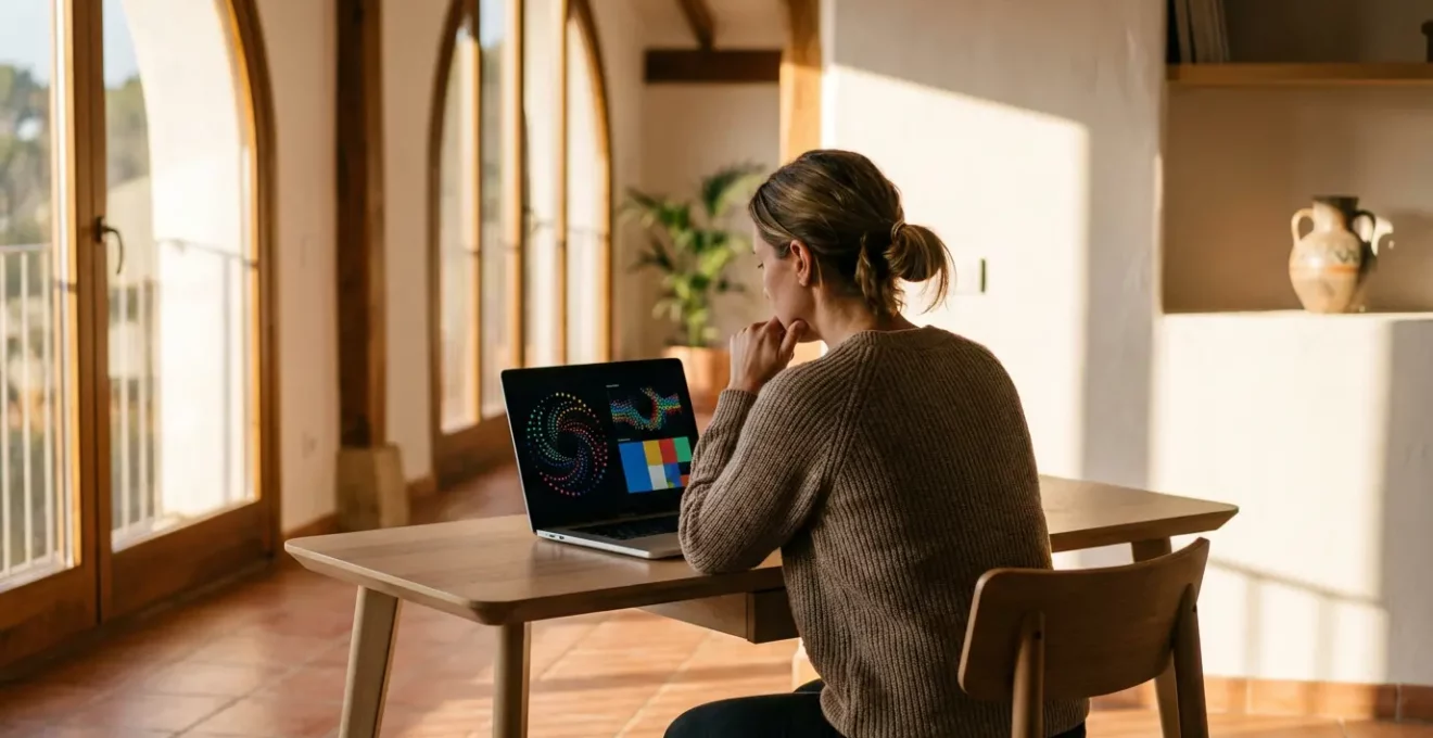 Pequeño empresario analizando datos de publicidad programática en ordenador con gráficos de audiencia y métricas de rendimiento