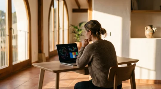Pequeño empresario analizando datos de publicidad programática en ordenador con gráficos de audiencia y métricas de rendimiento