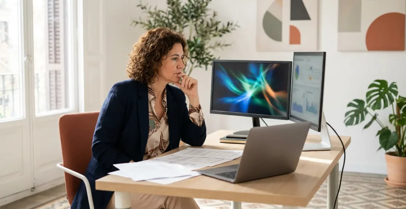 Empresaria pyme española analizando estrategia de medios digitales con presupuesto limitado