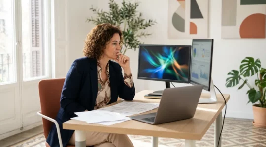 Empresaria pyme española analizando estrategia de medios digitales con presupuesto limitado