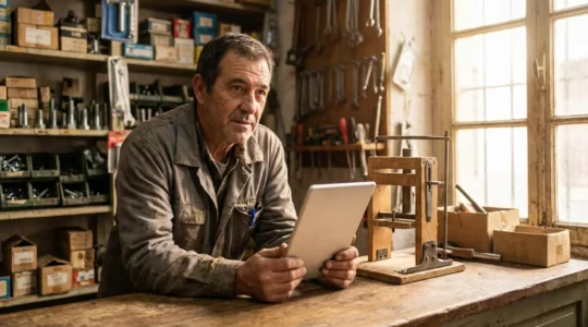 Dueño de una PYME española revisando métricas de validación en su tienda física con un prototipo de producto
