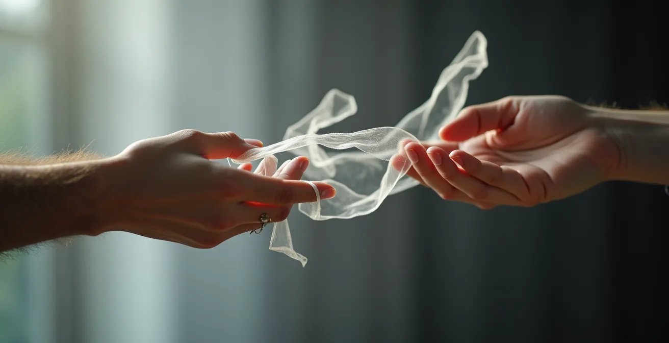 Manos soltando gradualmente hilos invisibles que representan la conexión con el cliente