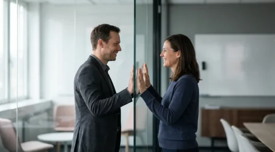 Profesionales conectando a través de videollamada con gestos empáticos y comunicación efectiva