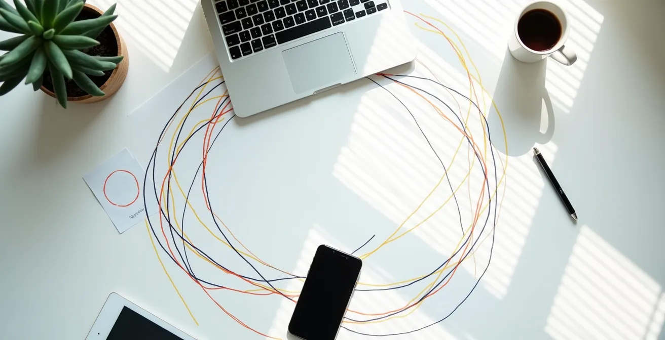 Vista aérea de escritorio con dispositivos mostrando flujo de trabajo automatizado conectado