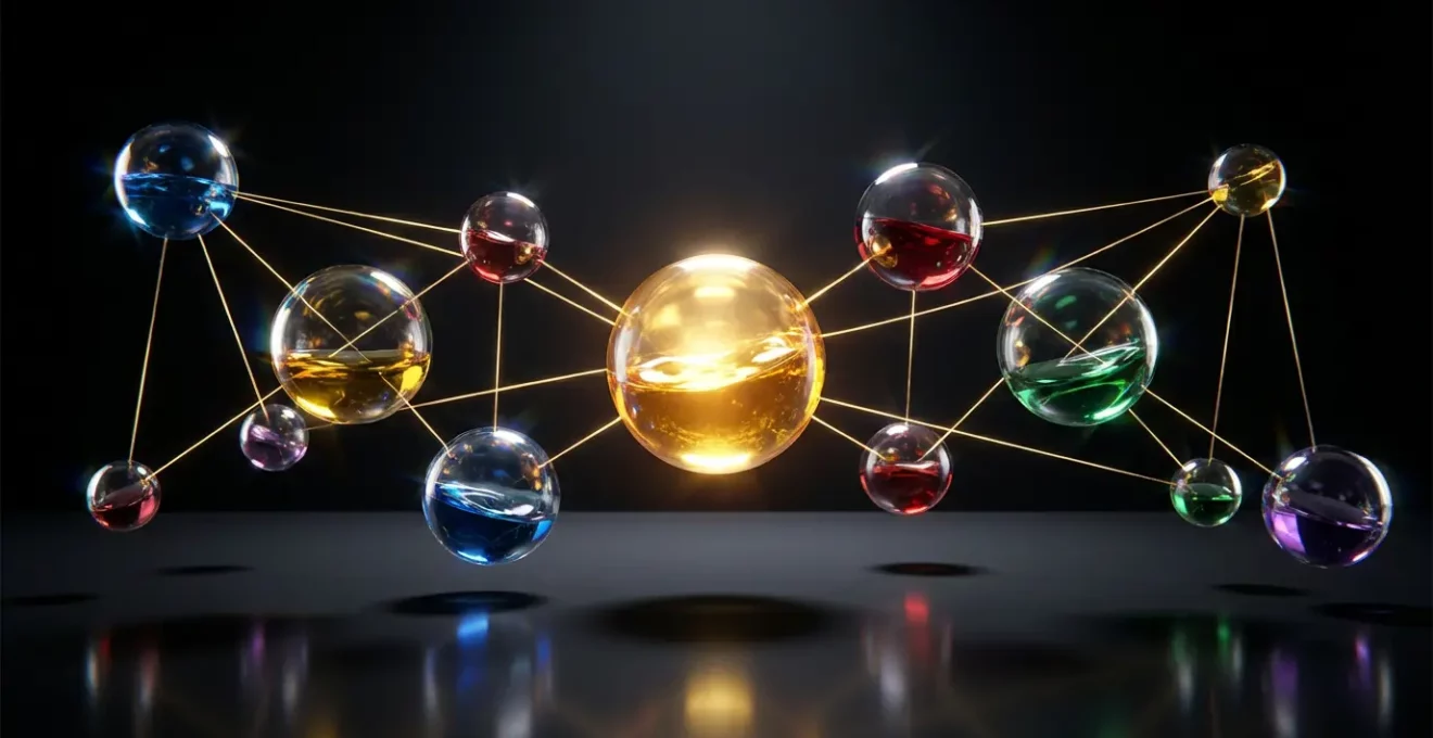 Visualización abstracta del proceso de subasta programática en tiempo real con elementos flotantes y conexiones de red