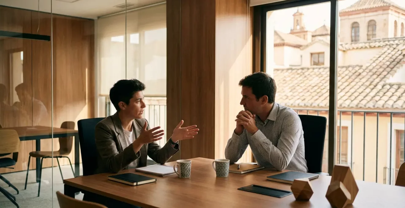 Profesionales en reunión de negociación con enfoque estratégico en oficina moderna